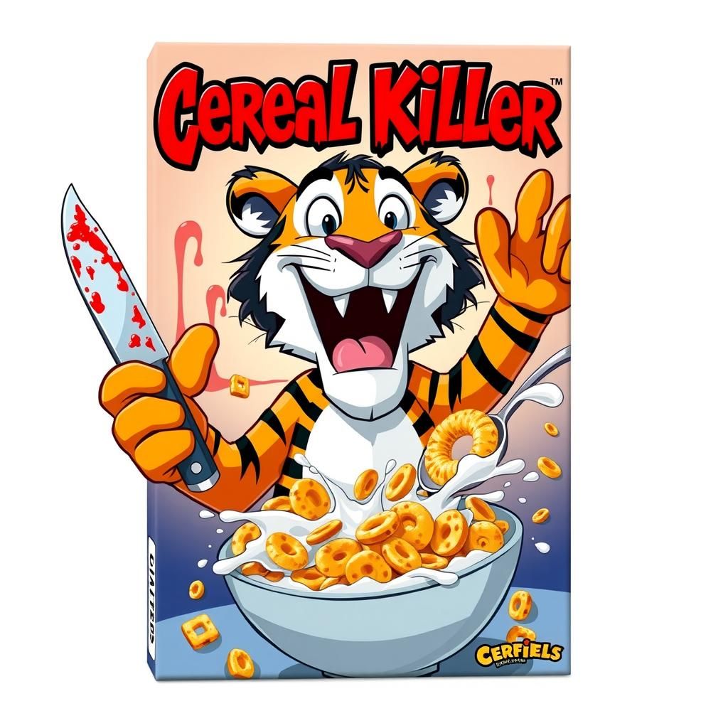 Cartoon Cereal Box with Mischievous Tiger Mascot