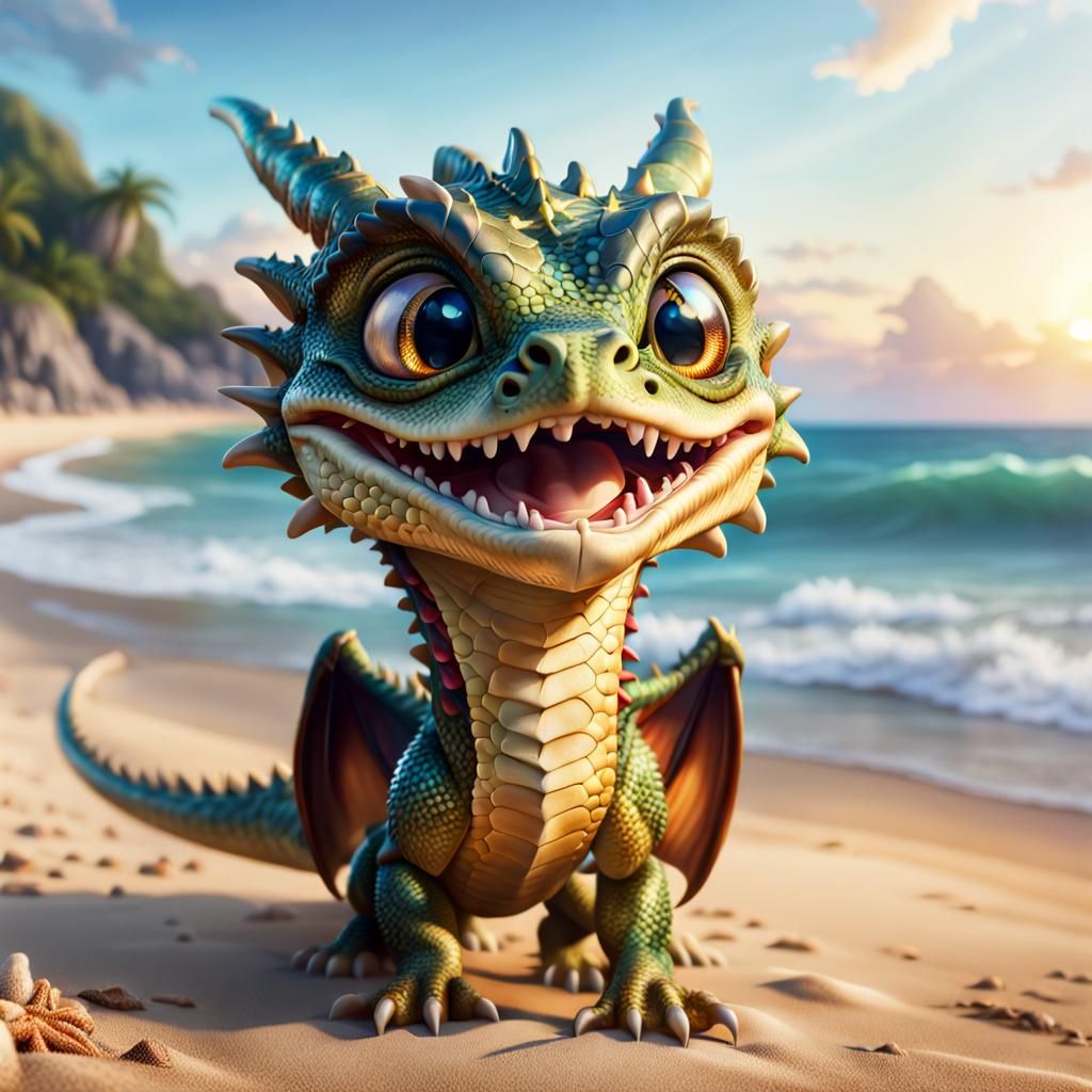 Adorable Dragon Portrait on Fantasy Beach
