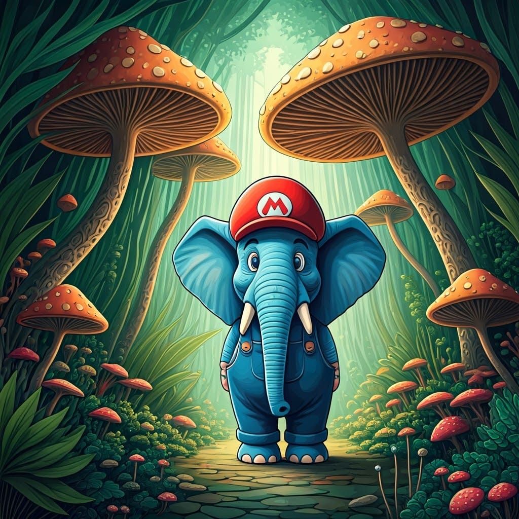 Blue Elephant in Mushroom Forest: Zentangle Vector Art