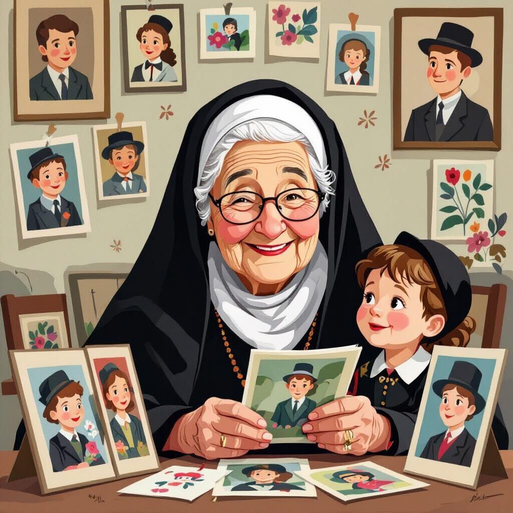 Ultra-Orthodox Grandmother with Grandchildren: Vector Art