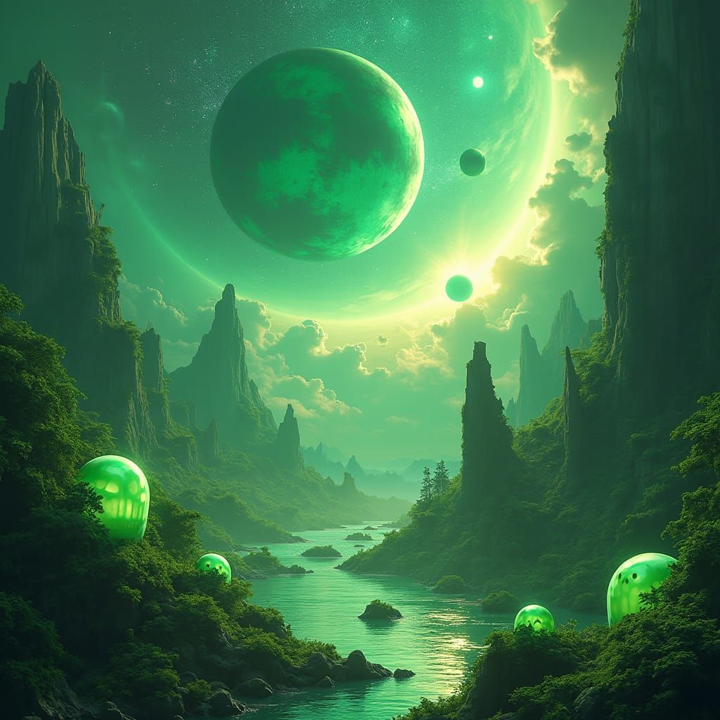 Green Smiley Galaxy with Slime Aliens in Fantasy Art