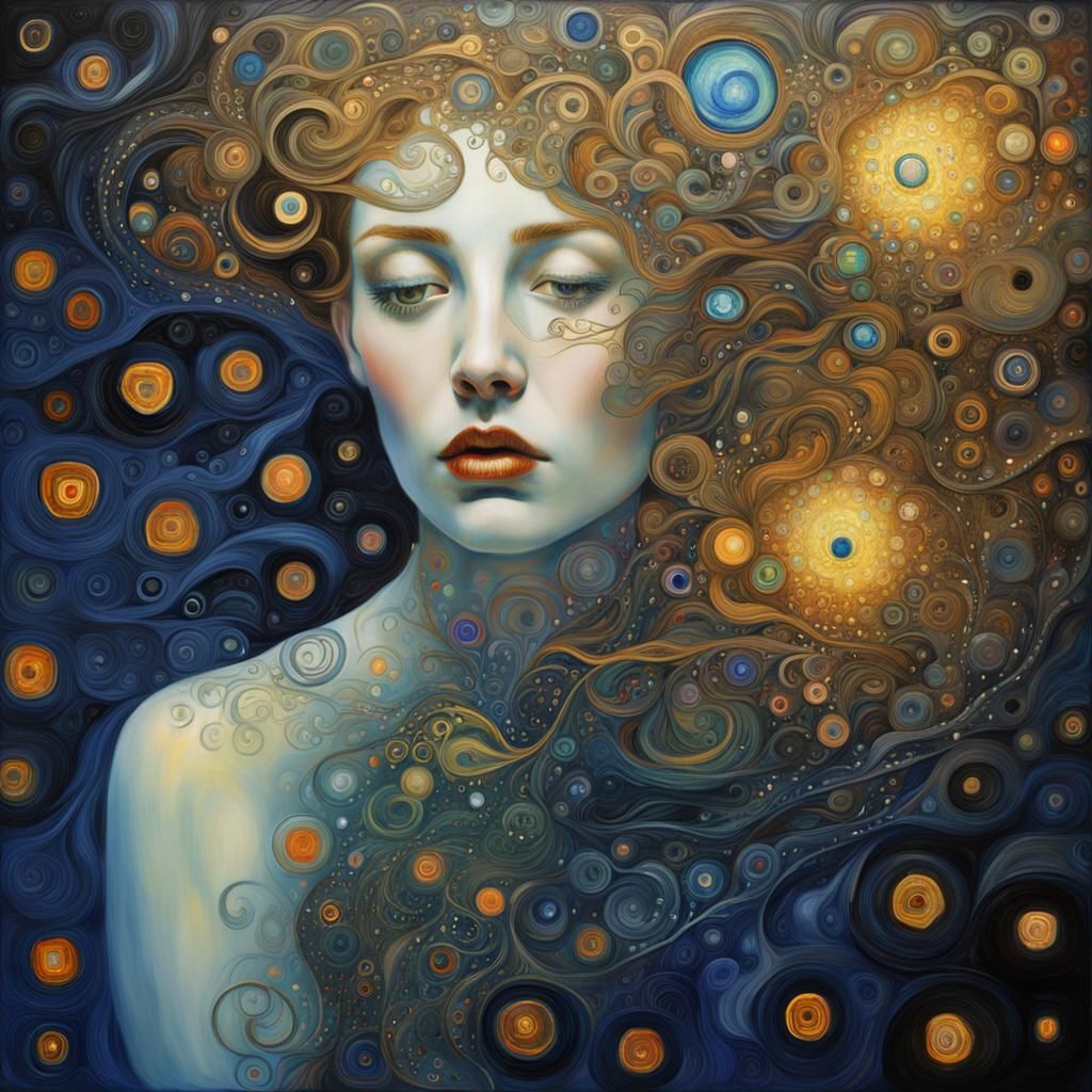 Opalescent Figures with Fractal Patterns in Klimt Style