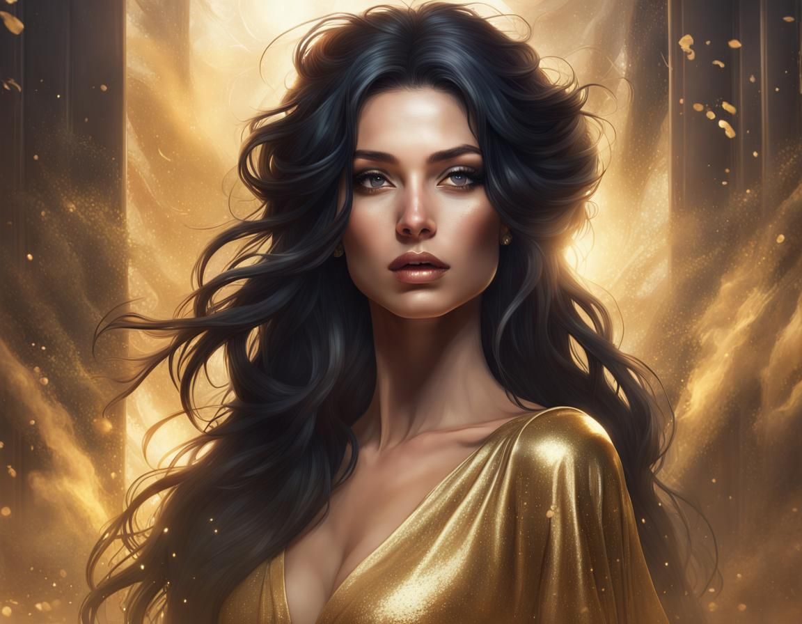 Enchanting Woman in Gold Dress, Hyperdetailed Portrait