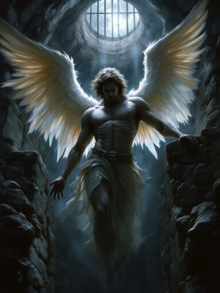 Angel in Dark Dungeon Cell under Silvery Moonlight