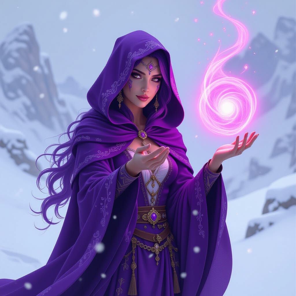 Enchantress Casting Spell in Snowy Landscape