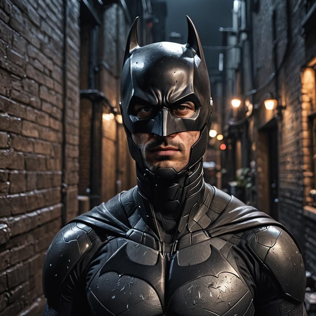 Hyper-Realistic Batman Portrait in Dark Alleyway