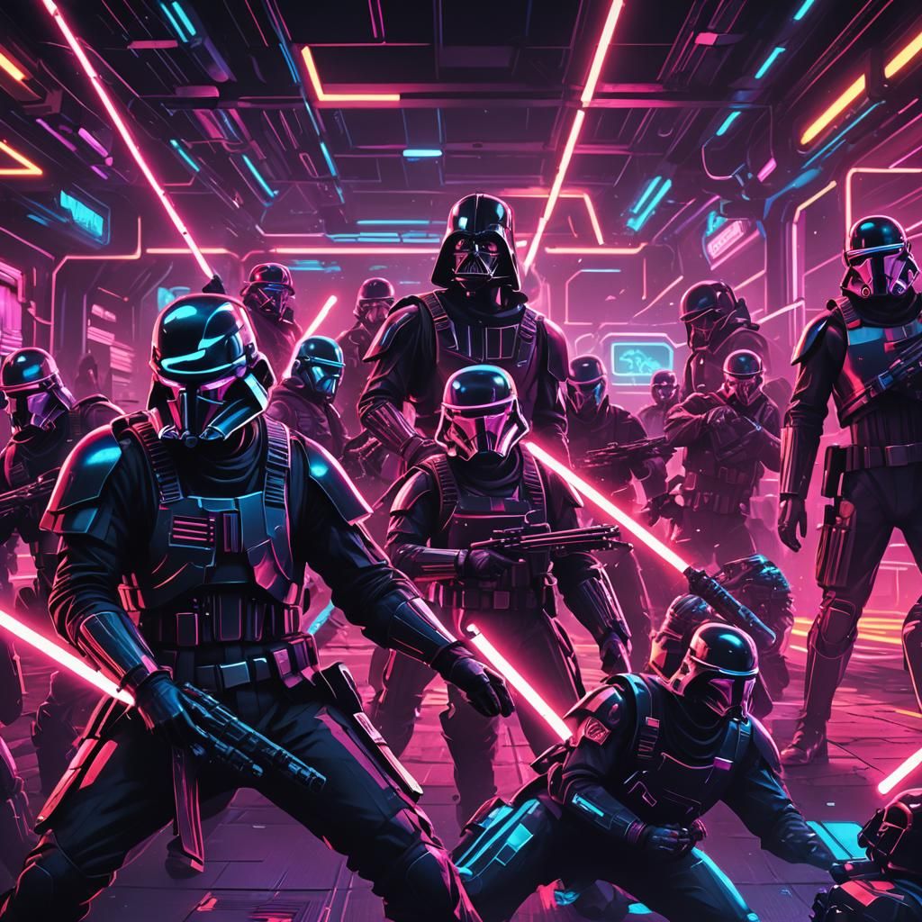 Synthwave Battle: Soldiers Clash with Dark Lord