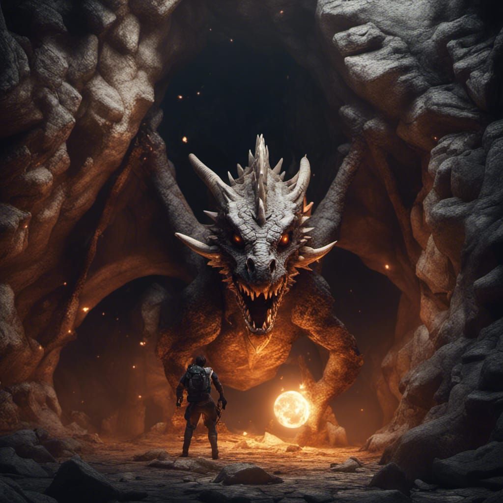 Dragon Surprises Adventurer in Cave: Cinematic 3D Render