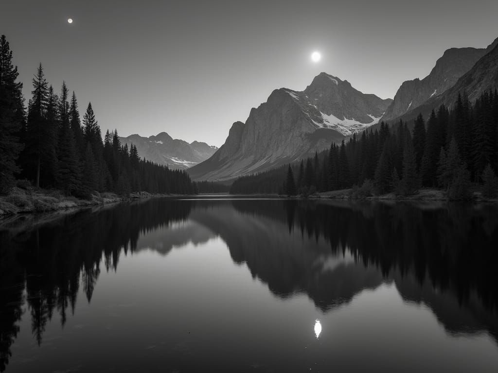 High Contrast Alpine Lake Reflection at Night
