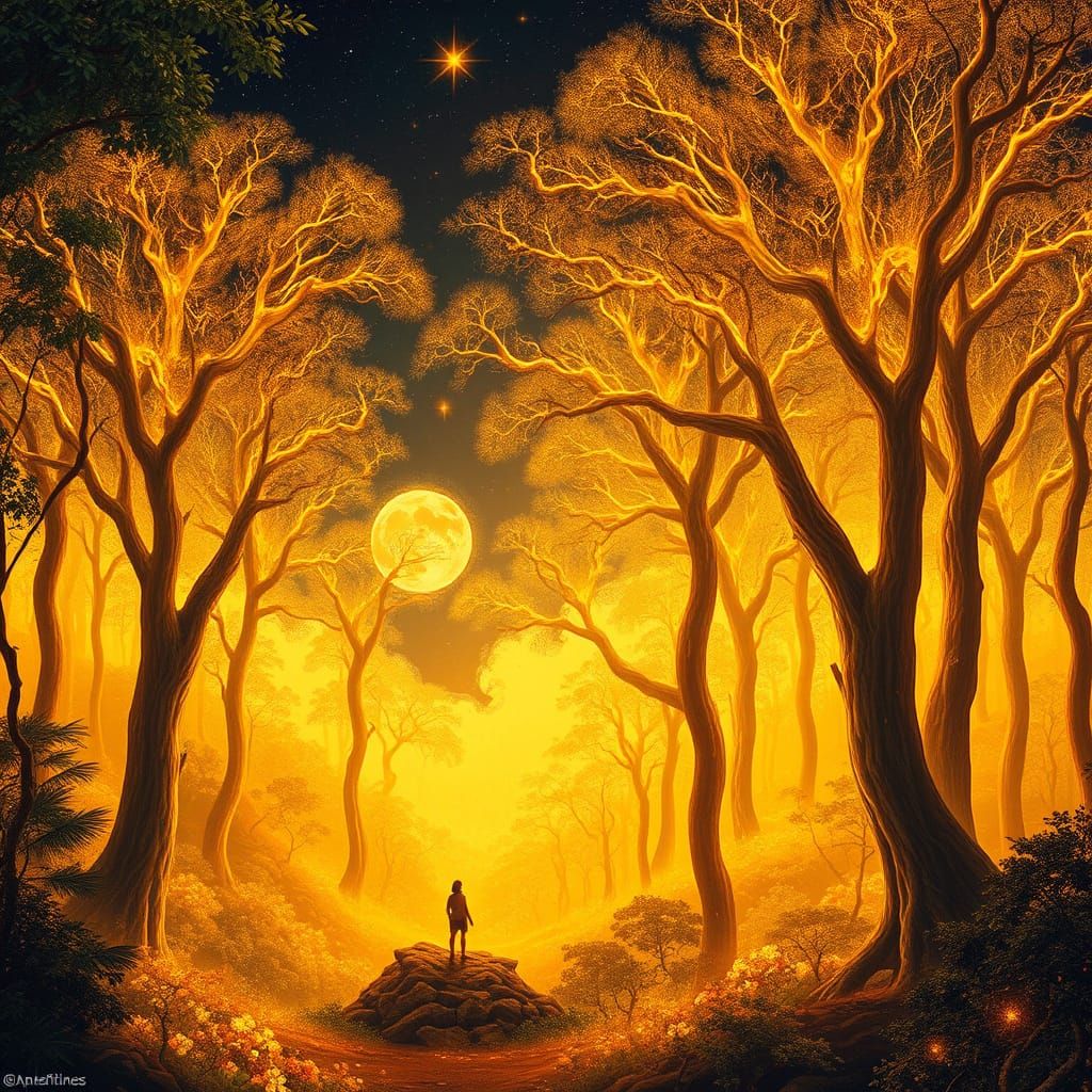Luminous Golden Forest in Cosmic Astral Style