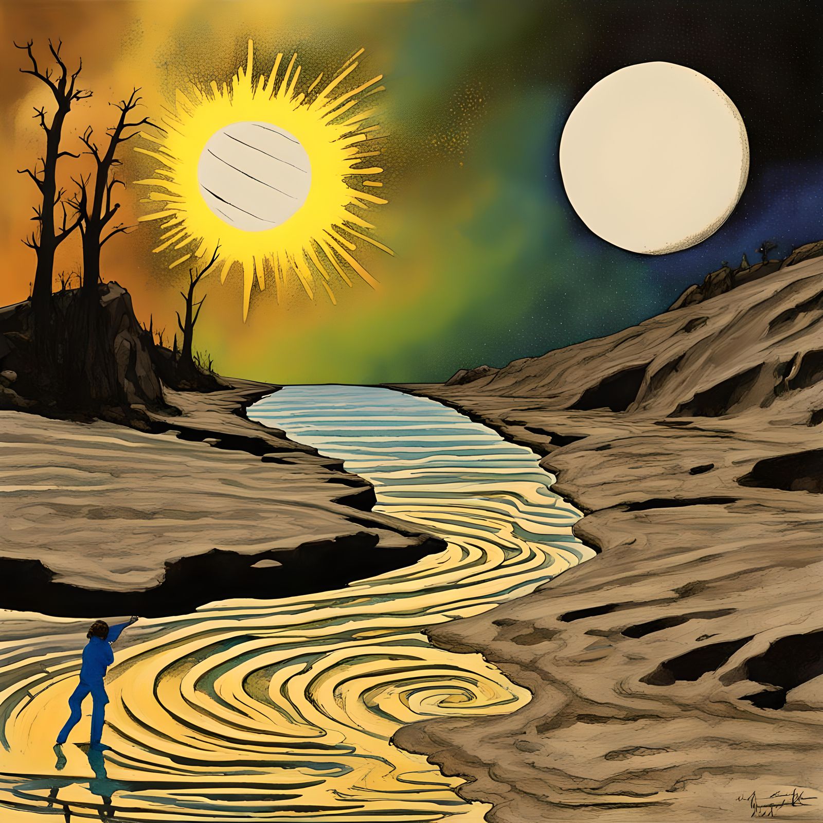 river, sun and moon.