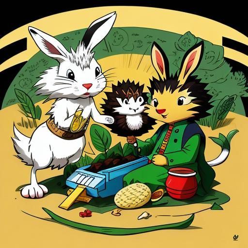 Hare and Hedgehog Race in Minimalist Cartoon Style