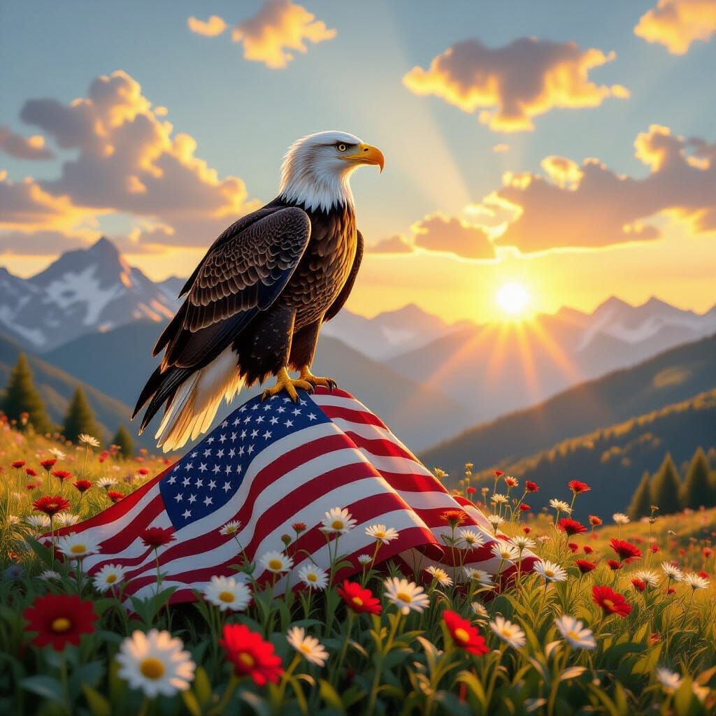 Golden Eagle on Mountain of Flags in Hyperrealism