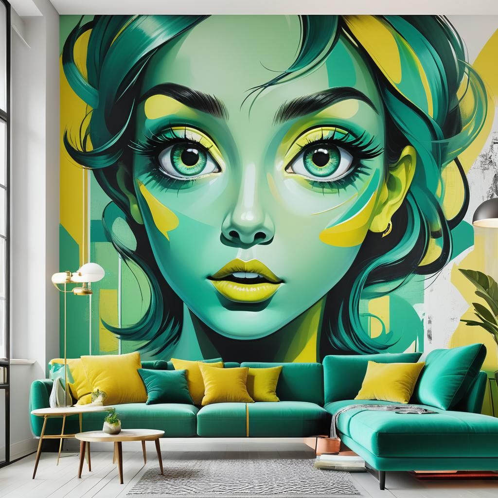 Retro Woman Mural in Gouache Style