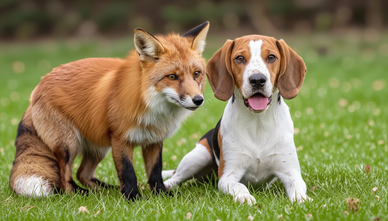 Fox and Hound Dog as Friends in Whimsical Illustration