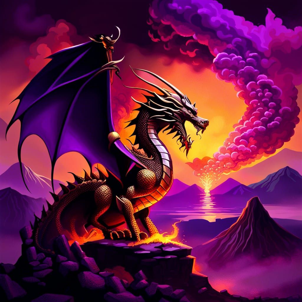 Golden Dragon Emerges from Volcano at Sunset