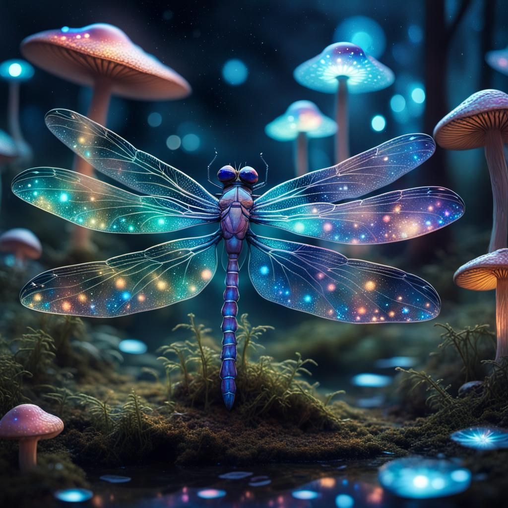 Iridescent Dragonfly in Bioluminescent Forest