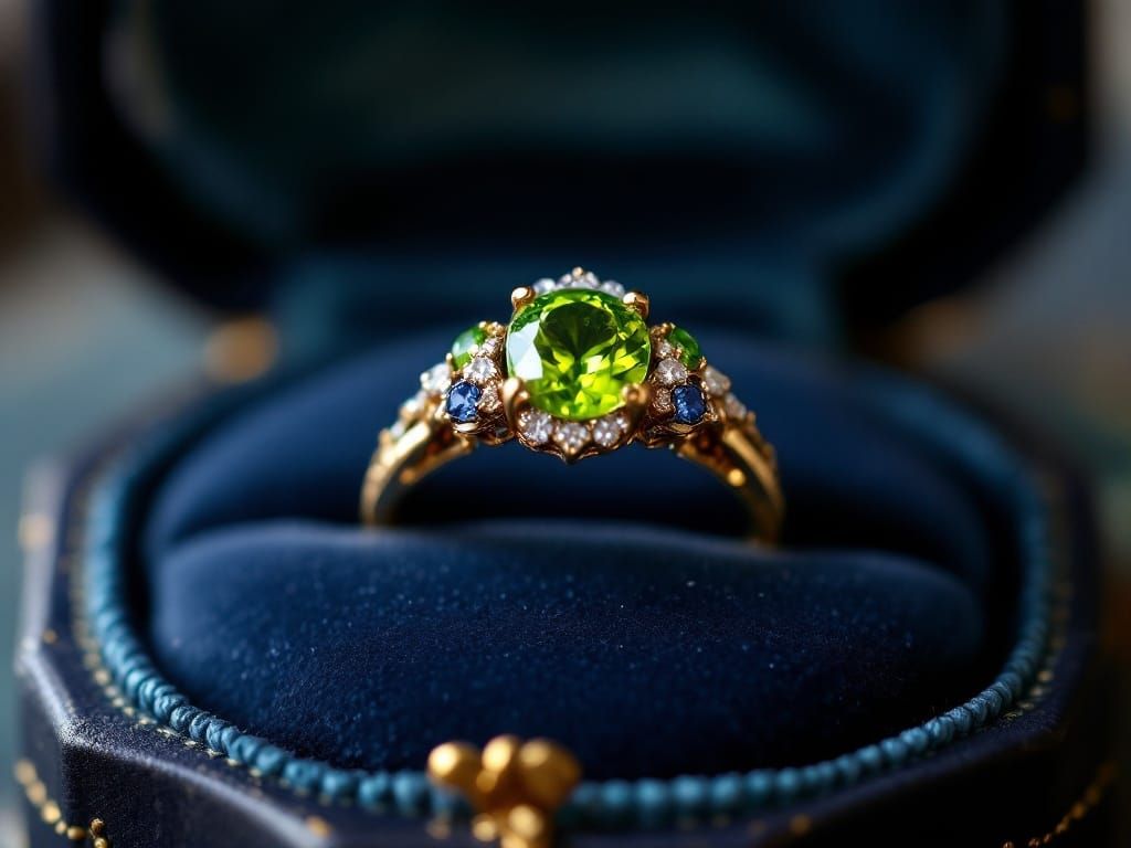 Luxurious Peridot and Sapphire Ring in Gold Velvet Box