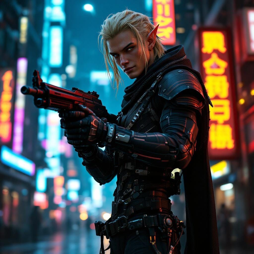 Cyborg Elf Shadowrunner in Cyberpunk City