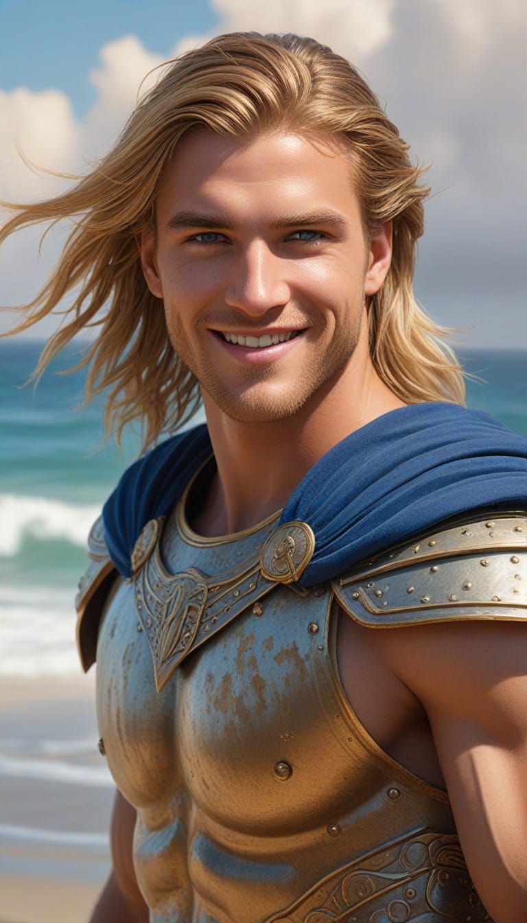 Achilles, the Handsome Greek Warrior, Smiles on the Beach