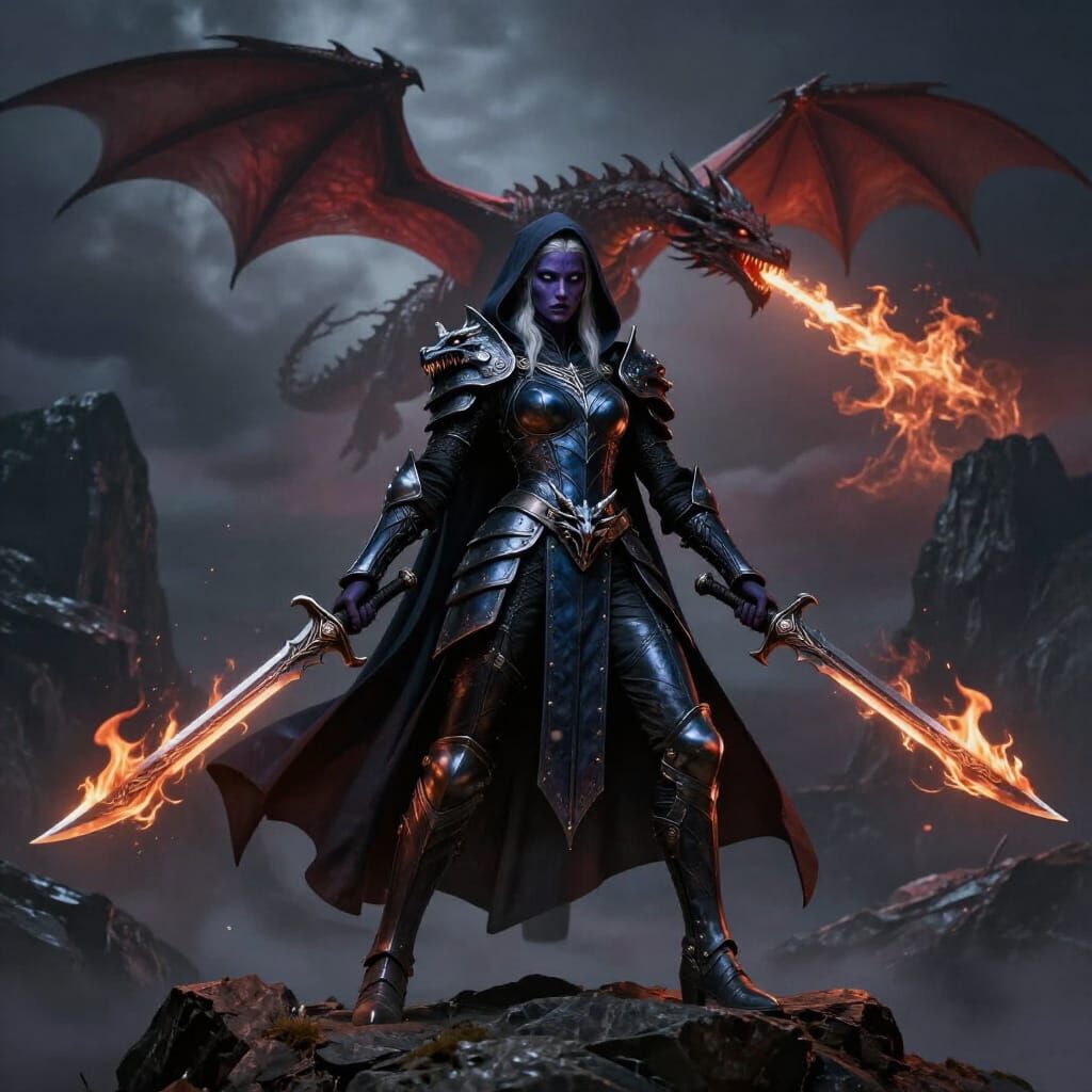 Drow Warrior with Fiery Scimitars on Stone Peak