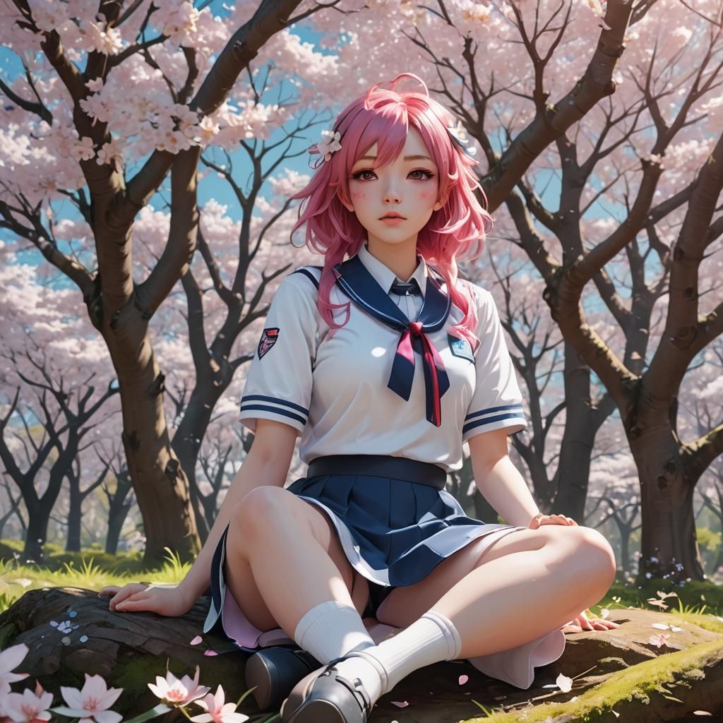 Anime Girl in Cherry Blossom Forest: 3D Art