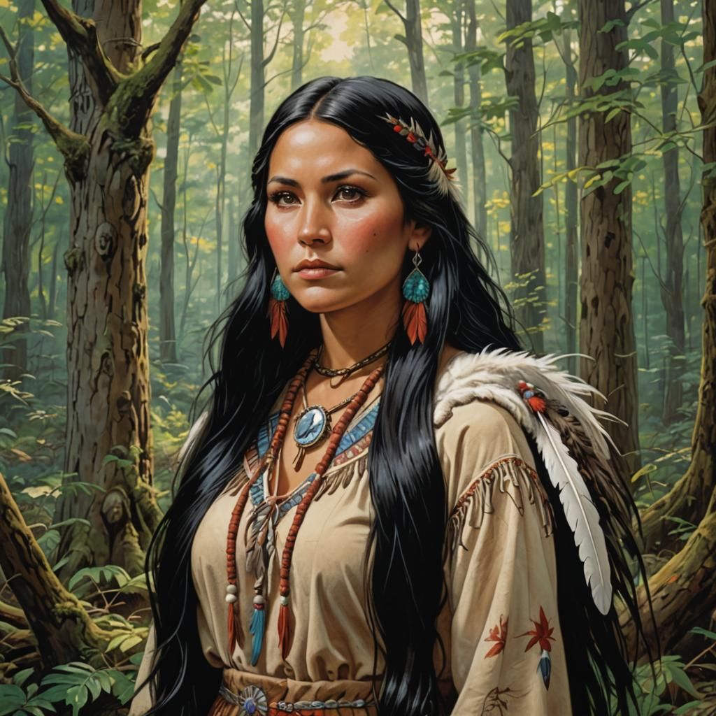Cherokee Maiden in Forest with Animals