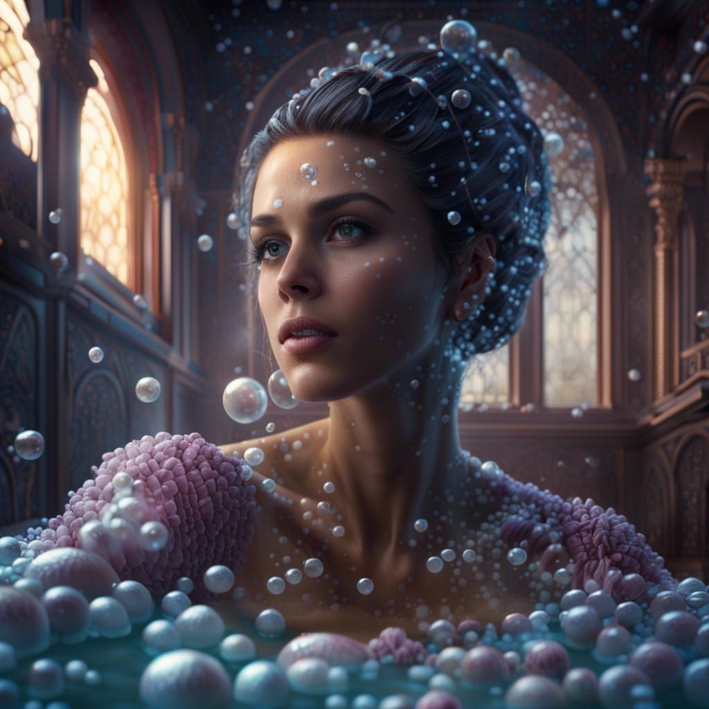 Woman in Bubble Bath: Detailed Digital Painting