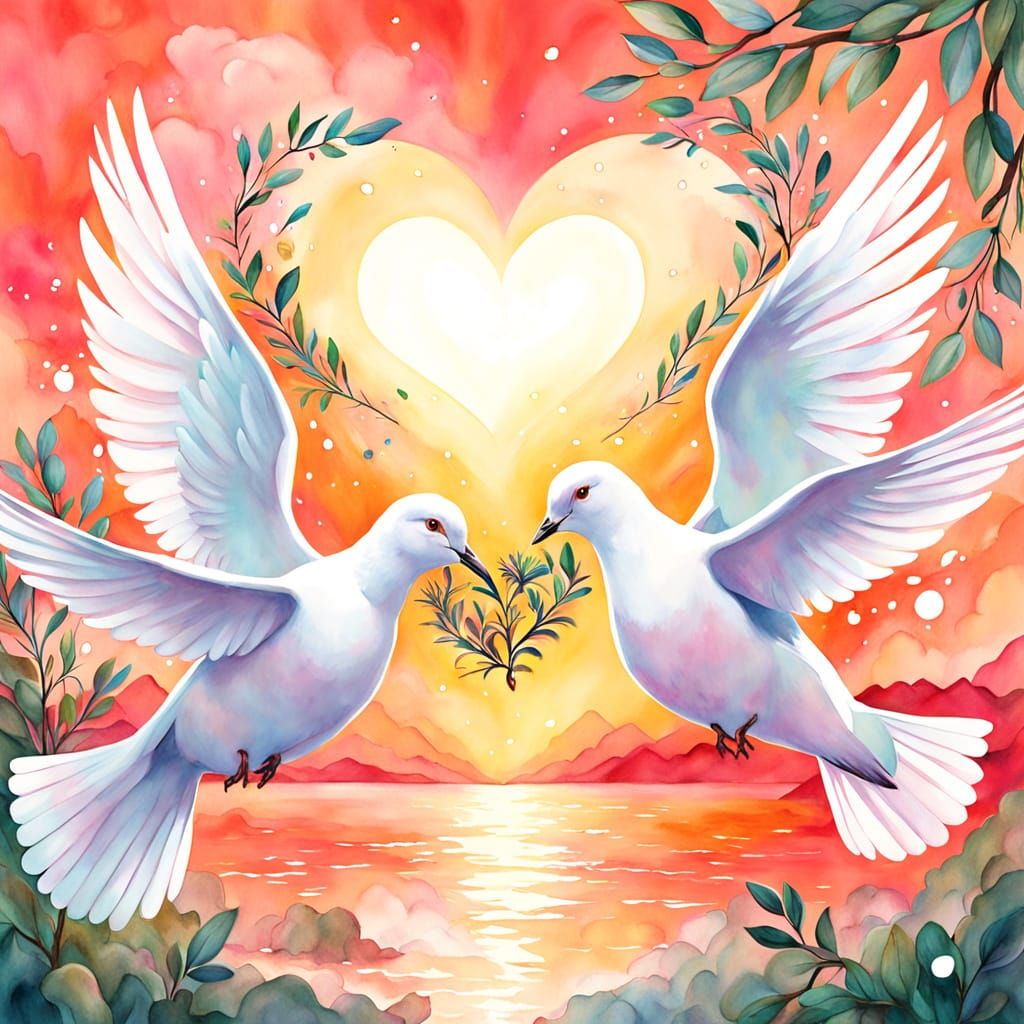 Two Doves in Heart-Shaped Flight Amidst a Vibrant Sunset
