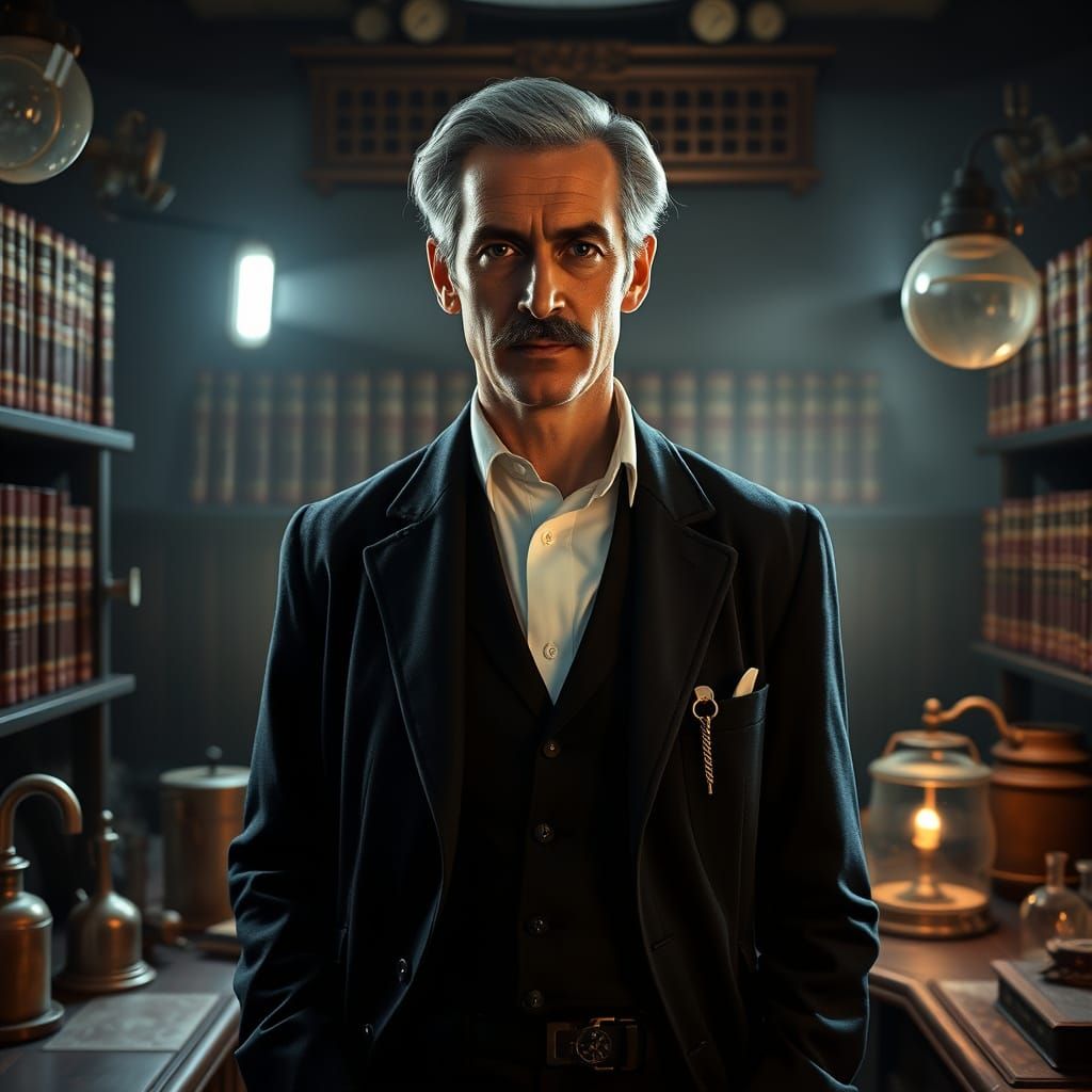 Stern French Physician in Haunting Laboratory Setting