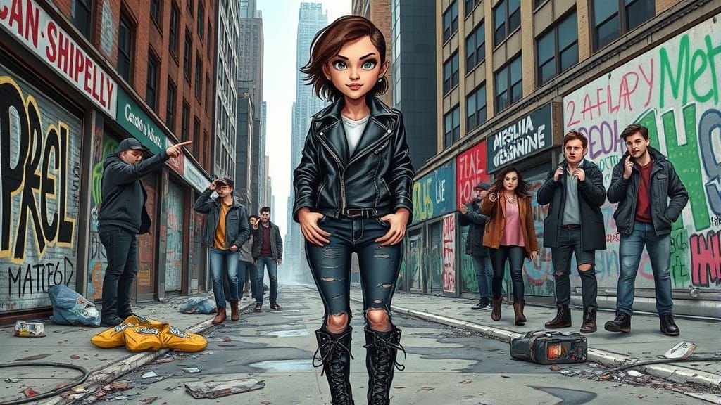 Rebel Woman in the City Streets, in a Hyper-Realistic Carica...