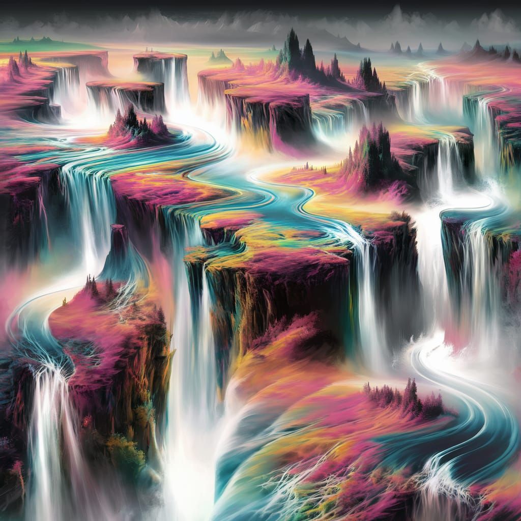 Dreamlike Airbrush Landscape with Waterfalls