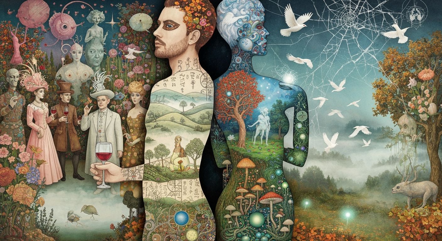 Surreal Garden Party in Bosch and Klimt Style