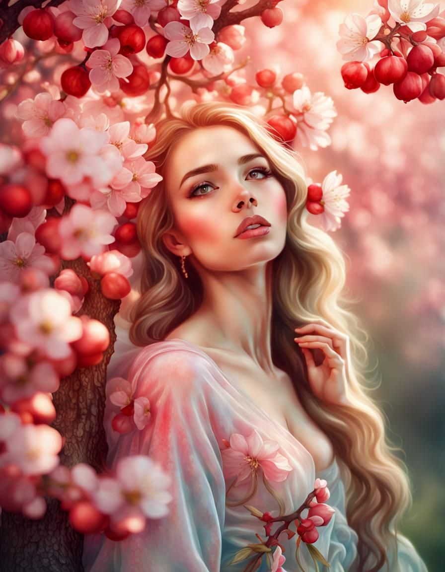 Girl Among Red Crab Apple Blossoms in Pastel Colors