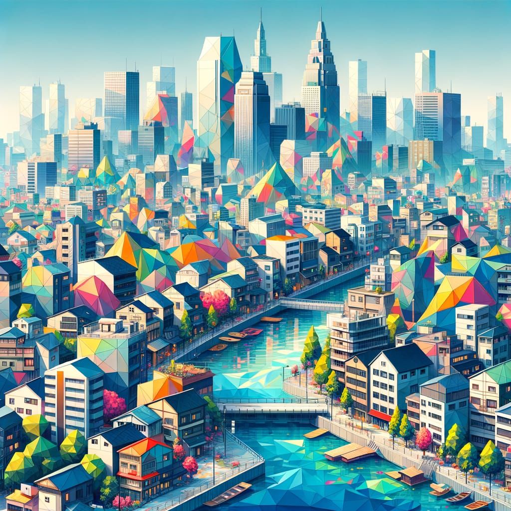 Whimsical Low Poly Cityscape in Vibrant Japanese Aesthetic