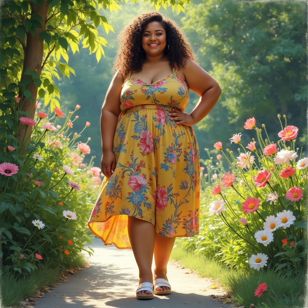 A Radiant Bbw Woman in a Bright Summer Dress with a Big Smil...