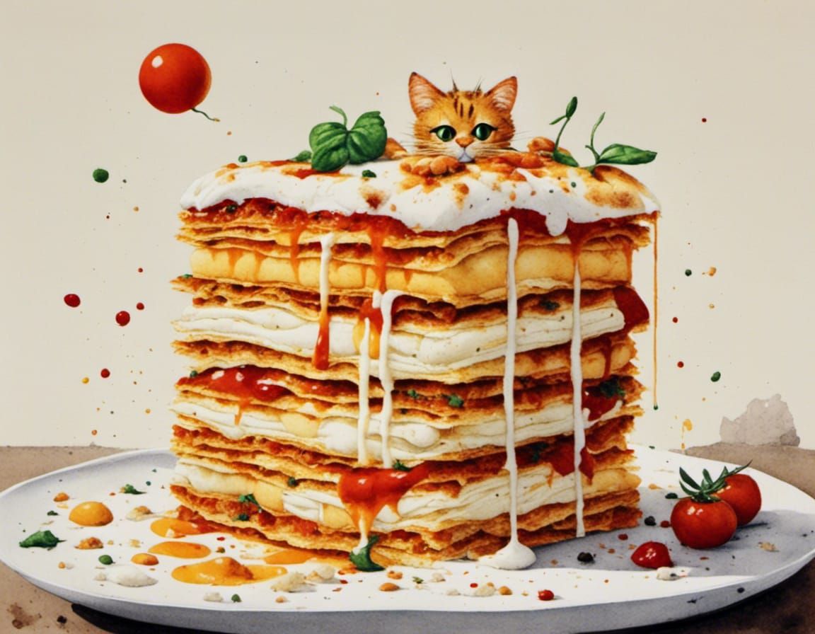 Garfield Savoring Rich Lasagna in a Vibrant Cartoon Style