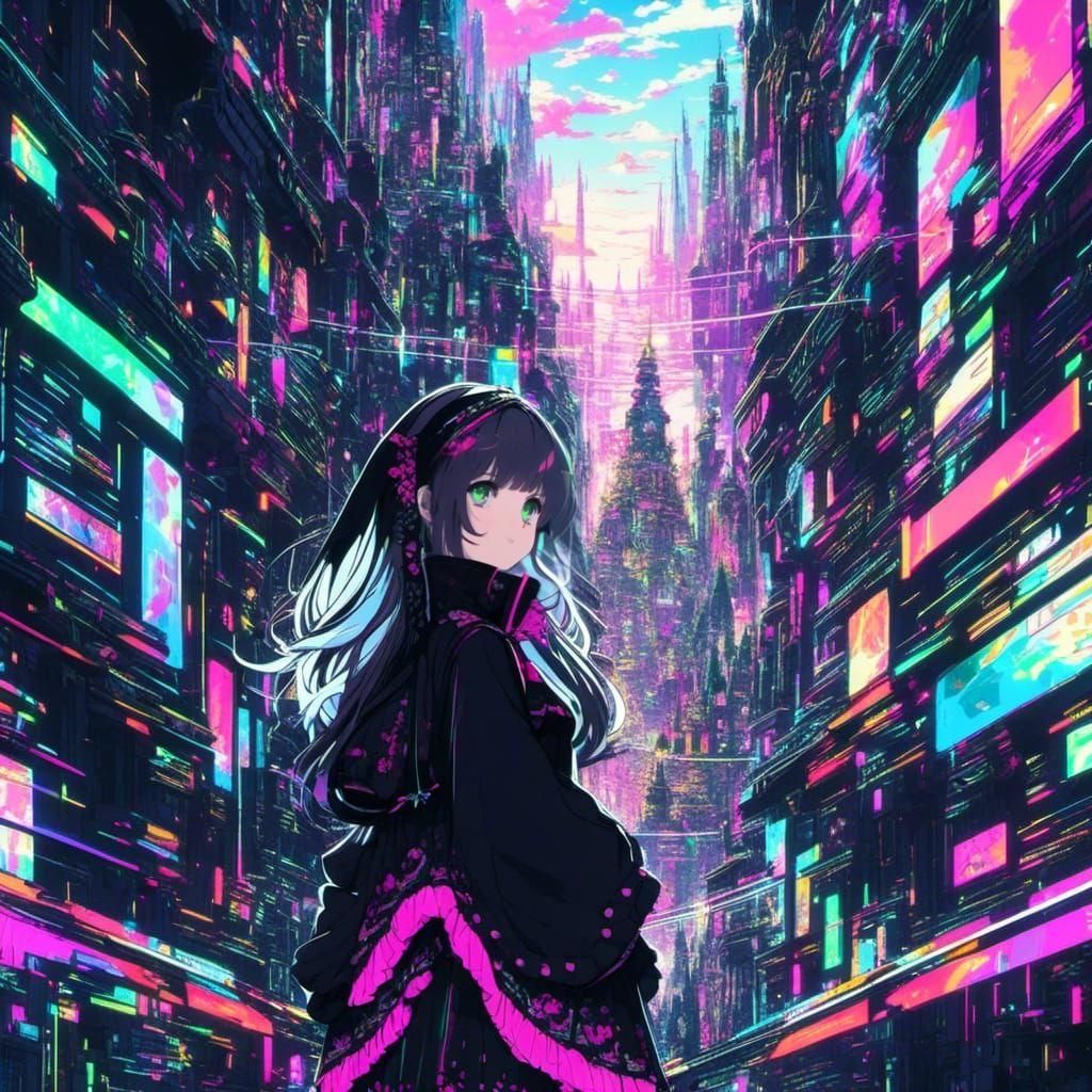 Glitchcore Anime Girl in Green and Black