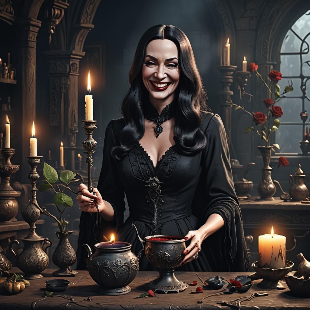 Morticia Addams Cutting a Black Rose, Detailed Matte Paintin...