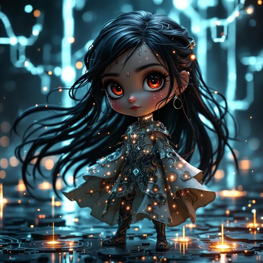 Chibi Maiden in Circuit Dress: Digital CGI Art