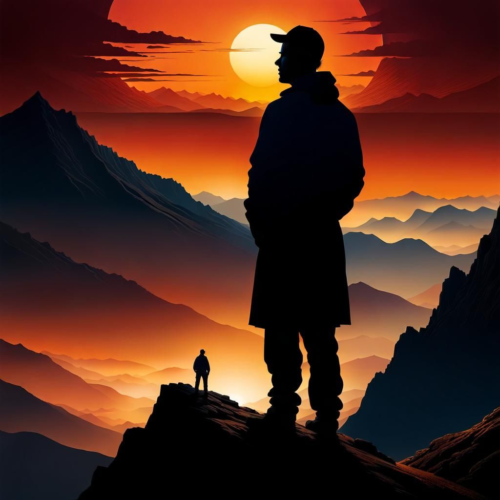 Silhouette of a contemplative person at the peak of a mounta...