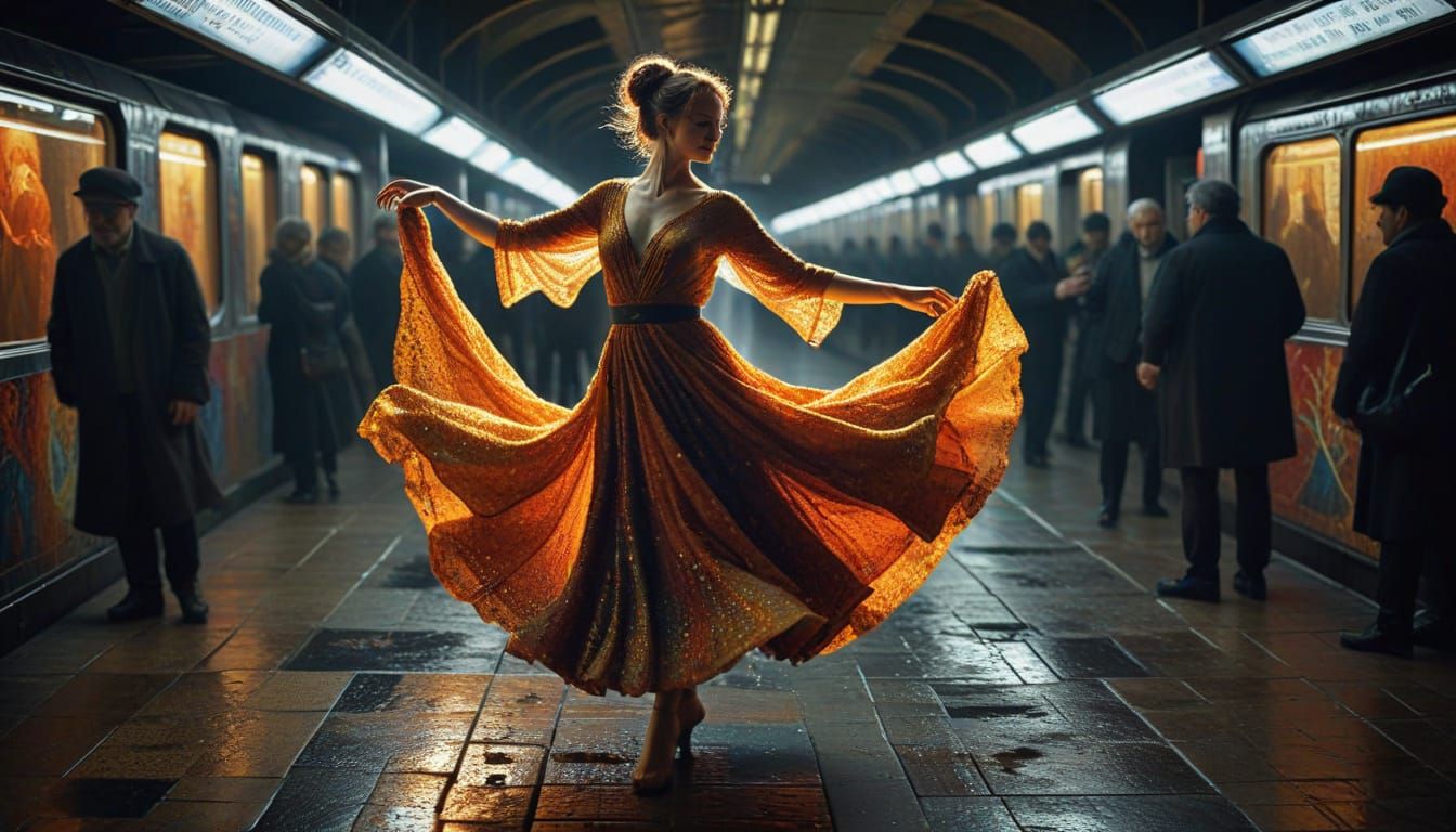 Dynamic lighting, Pointillism. Dervish dancer in Subway stat...