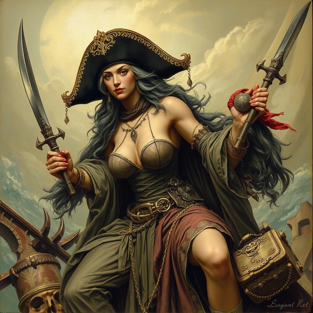 Redhead Pirate Trading in Art Nouveau Style