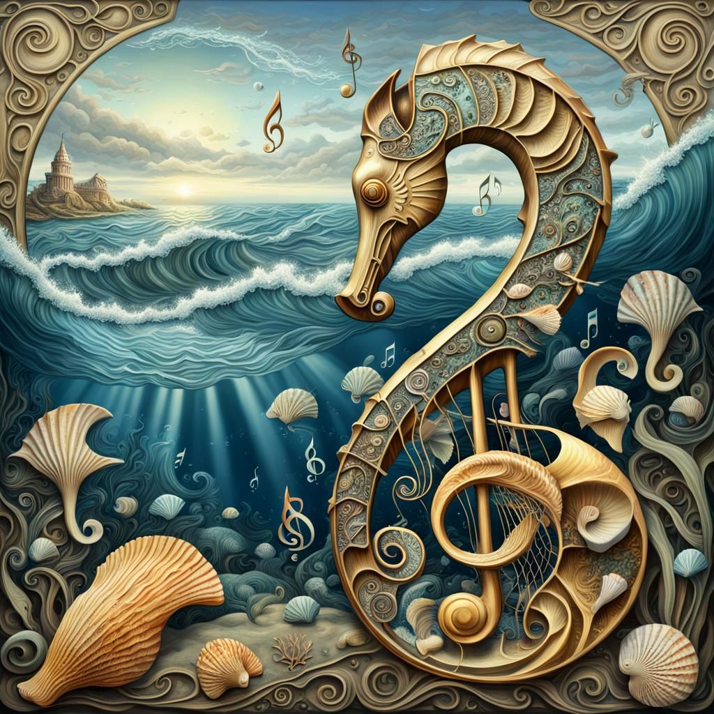 Surreal Seascape with Seahorses and Musical Elements
