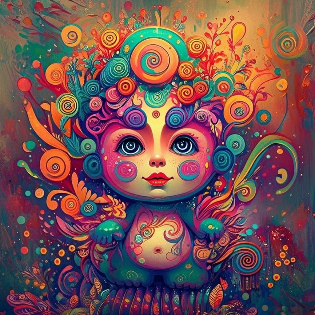 Psychedelic Whimsical Figure in Graphic Art Style