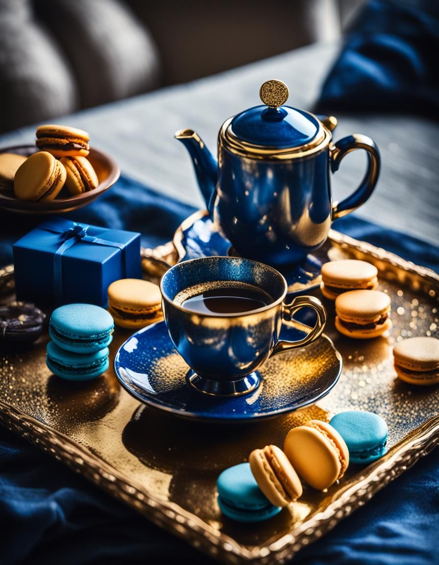 Exquisite Coffee Cup with Macarons: Hyperrealistic Photograp...
