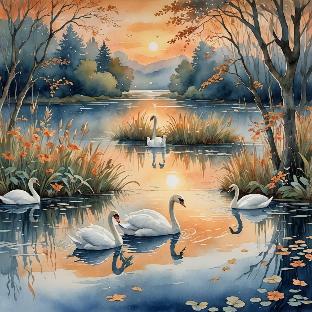 Swans Glide at Sunset: Whimsical Watercolor Art