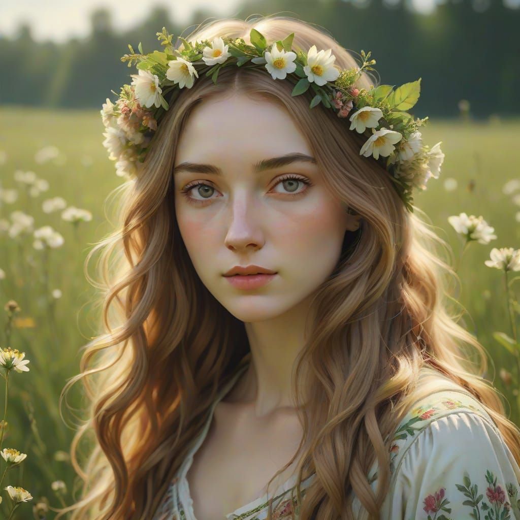 Renaissance Portrait of Woman in Sunlit Meadow