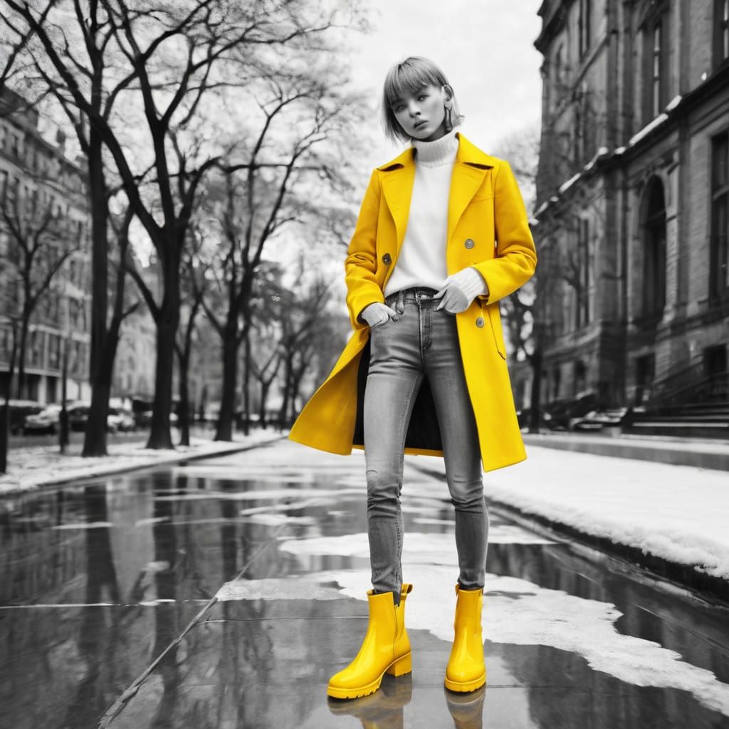Vibrant Yellow Coat with Boots in Selective Coloring