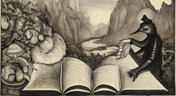 Rococo Plague Doctor Reading Books: Renaissance Illustration